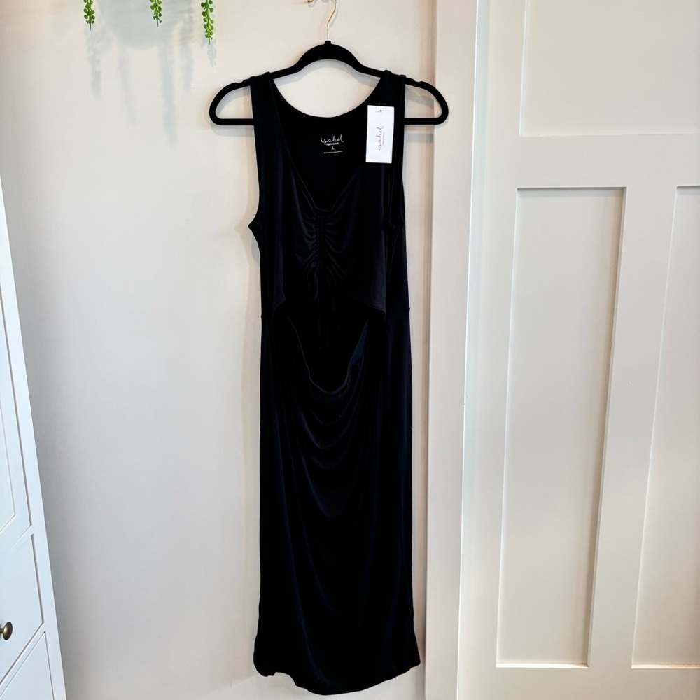 Isabel Maternity Black Sleeveless Peek-A-Boo Midi Dress Size Large Ruched NWT